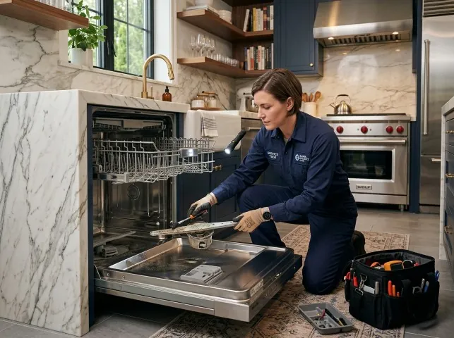 Appliance Repair Hero technician servicing a built-in dishwasher in a Bellingham, WA kitchen