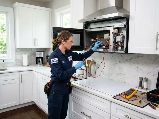 Appliance Repair Hero technician testing an over-the-range microwave in a Bellingham, WA kitchen