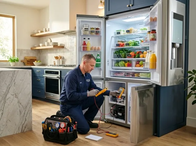 Appliance Repair Hero refrigerator technician testing a fridge on a Bellingham, WA service call